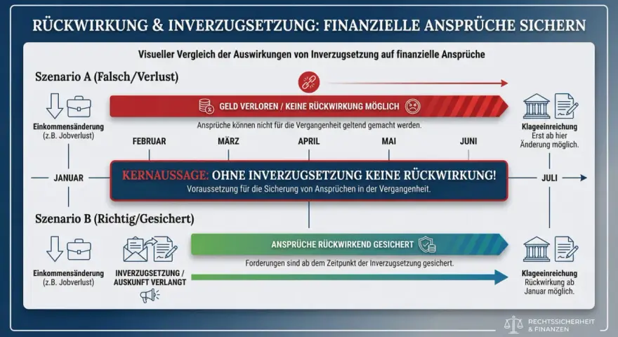 Szenario A: Ohne Inverzugsetzung keine Rückwirkung, Geld verloren. Szenario B: Ansprüche rückwirkend gesichert, Rückwirkung ab Januar möglich.