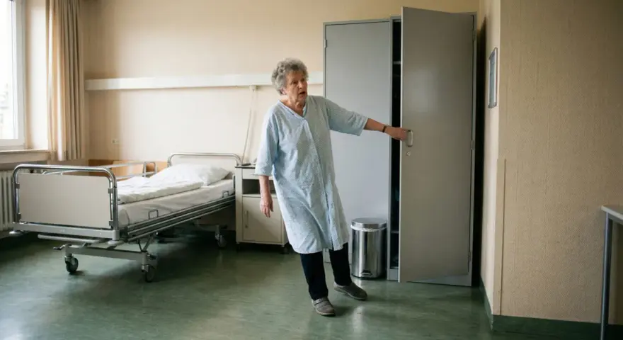 Ältere Frau im Krankenhaushemd, die sich an einer Tür festhält. Sie hatte einen Arbeitsunfall, ging aber nicht zum Arzt.
