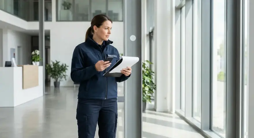Sicherheitsmitarbeiterin mit Klemmbrett und Handy, bereit für ihre 12-Stunden-Schicht im Sicherheitsgewerbe.