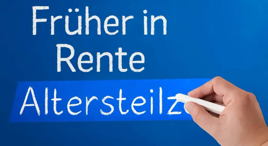 Hand schreibt "Altersteilzeit" auf einer blauen Tafel. Der Text darüber lautet "Früher in Rente". Die Vor- und Nachteile der Altersteilzeit werden thematisiert.
