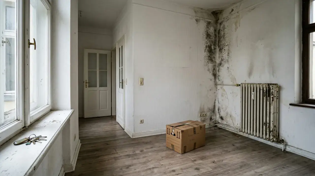 Schimmelbefallene Wände, ein alter Heizkörper und ein Karton zeugen davon, dass der Vermieter kommt seinen Pflichten nicht nach. Schlüssel liegen auf der Fensterbank.