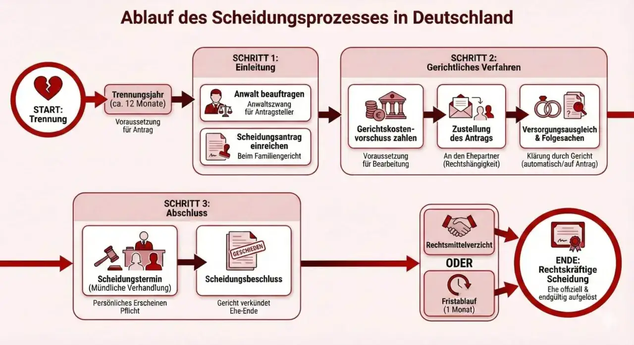 Der Ablauf einer Scheidung in Deutschland: Trennung, Antrag, Gerichtliches Verfahren, Abschluss. So kann ich mich schnell scheiden lassen.