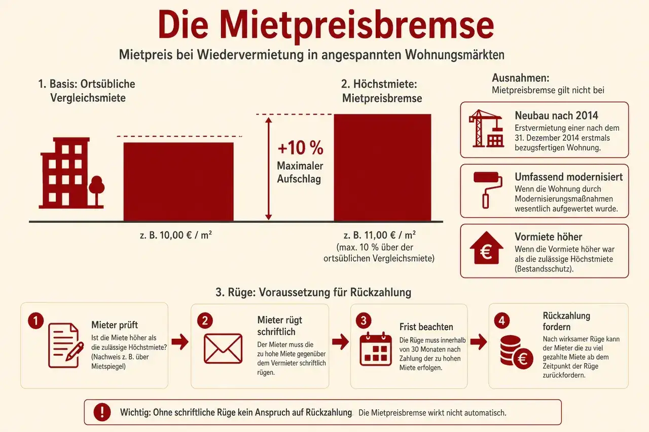 Die Mietpreisbremse in Essen begrenzt die Miete bei Wiedervermietung. Sie erlaubt maximal 10% &uuml;ber der orts&uuml;blichen Vergleichsmiete.