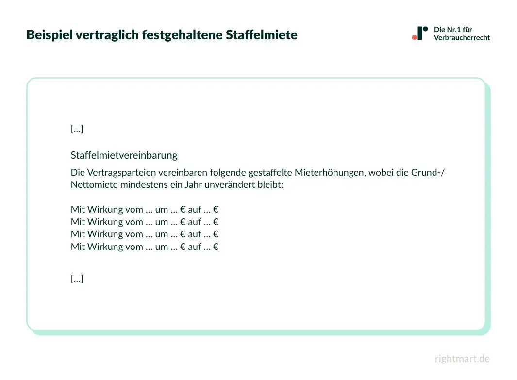 Beispiel einer Staffelmietvereinbarung mit gestaffelten Mieterh&ouml;hungen. Die mietanpassung fristen sind hier klar geregelt.