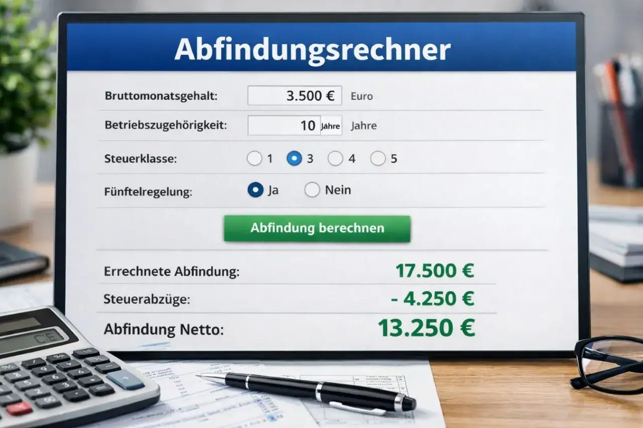 Abfindungsrechner zeigt, wie sich die Abfindung nach Abzug von Sozialabgaben und Steuern auf 13.250 € beläuft.