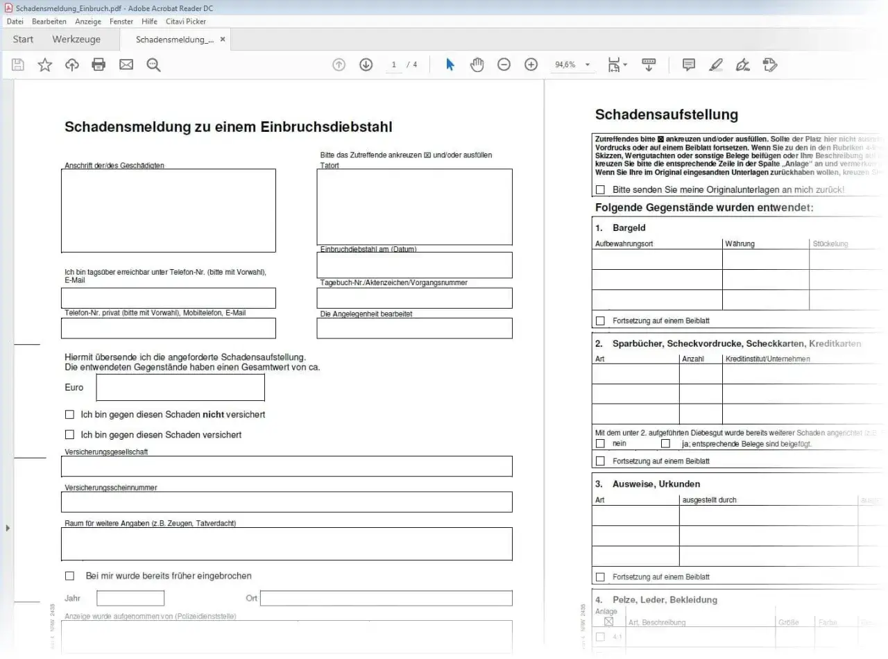 Schadensmeldung nach Einbruch: Formular zur Meldung von Diebesgut. Ohne Hausratversicherung ist der Schaden nicht gedeckt.