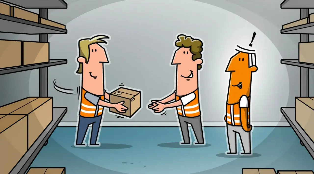 Lagerarbeiter übergeben ein Paket. Der Dritte im Bunde wundert sich über die Probearbeiten und die Bezahlung.
